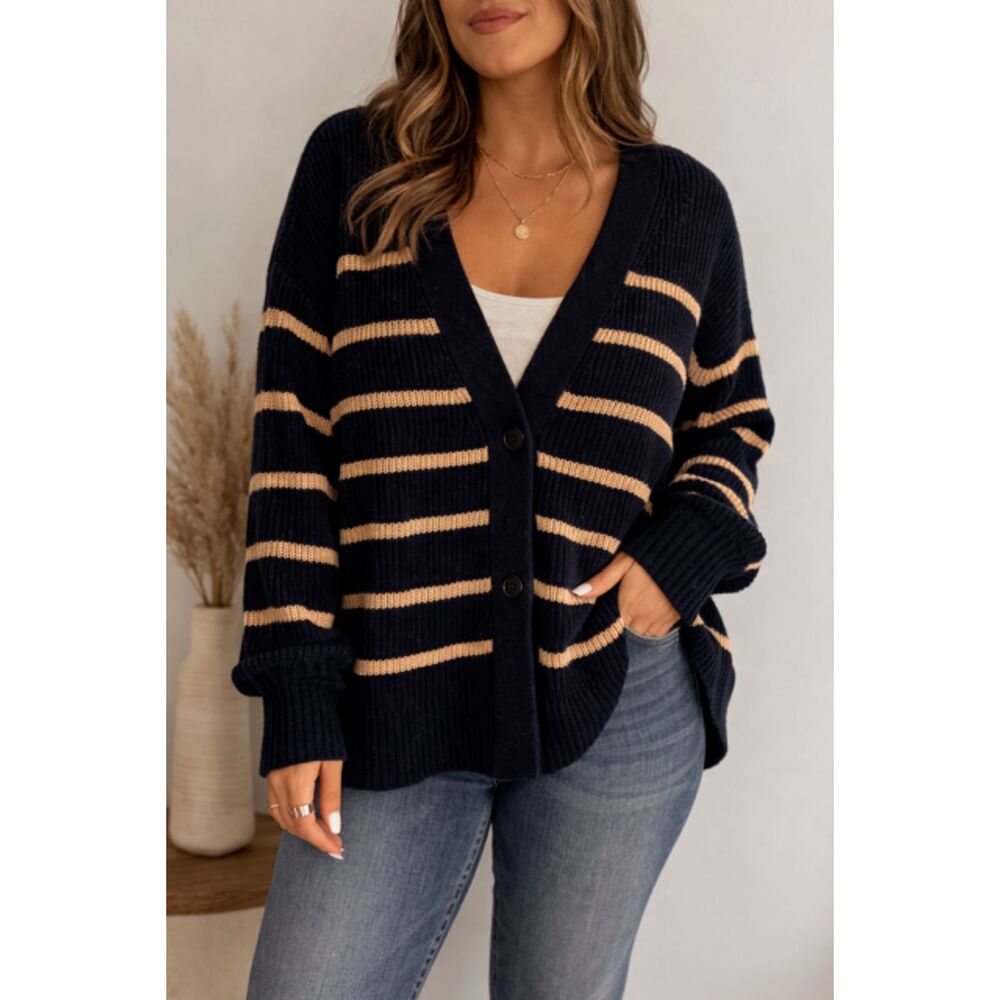Talbots Plus Petite 1XP Navy & Tan Striped Button Front Cardigan Sweater